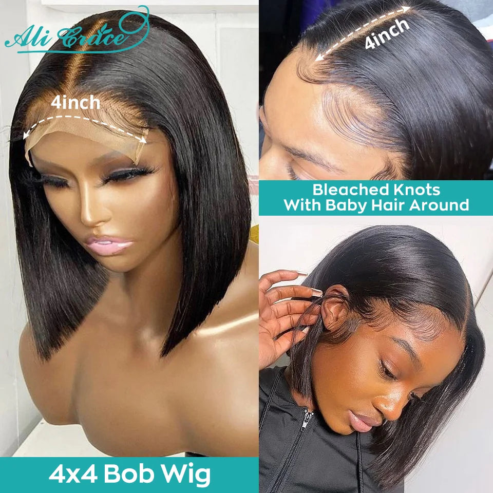 Ali Grace Hair Straight Short Bob Wig 4x4 Lace Closure Wig Brazilian Transparent Lace Remy Human Hair Wigs for Women Pre Plucked