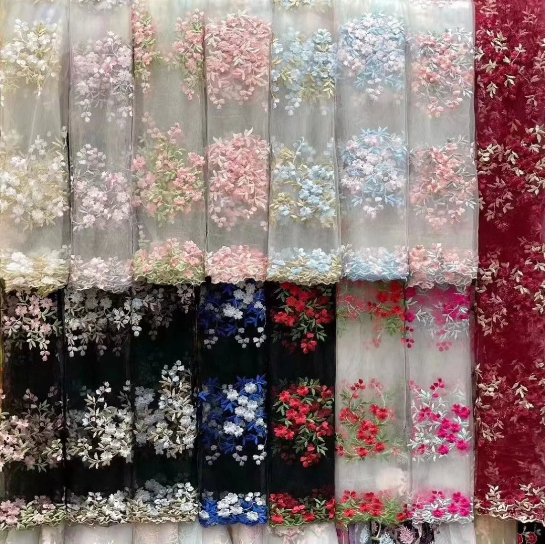 Width 130 cm Embroidery Organza Fabric 3 d Colorful Flowers Mesh Net Voile Tulle Lace Fabric for Dress Skirt Bags