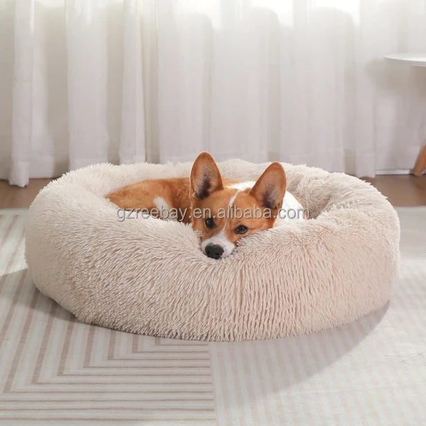 Hot Seller Soft Donut Round Pet Bed Cat Dog Cushion Fluffy Long Plush Waterproof Calming Dog Bed