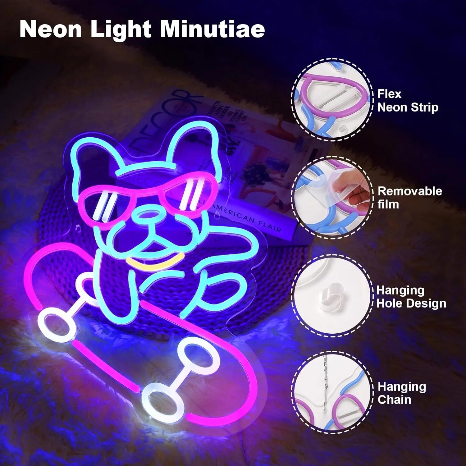French Bulldog LED Neon Light Sign Dog Skateboard Wall Decor Bedroom Living Room Pet Shop Bar Party IP65 Made Acrylic Lamp
