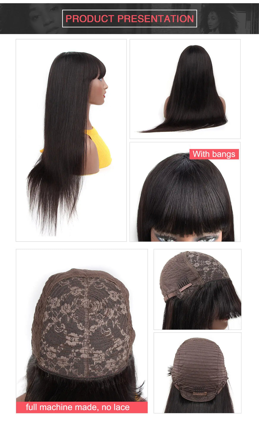ISEEHAIR Machine Made Sew In Wig Human Hair Straight Wig  Malaysian Straight Wig with Bang Natural Color For Women Wigs No Glue