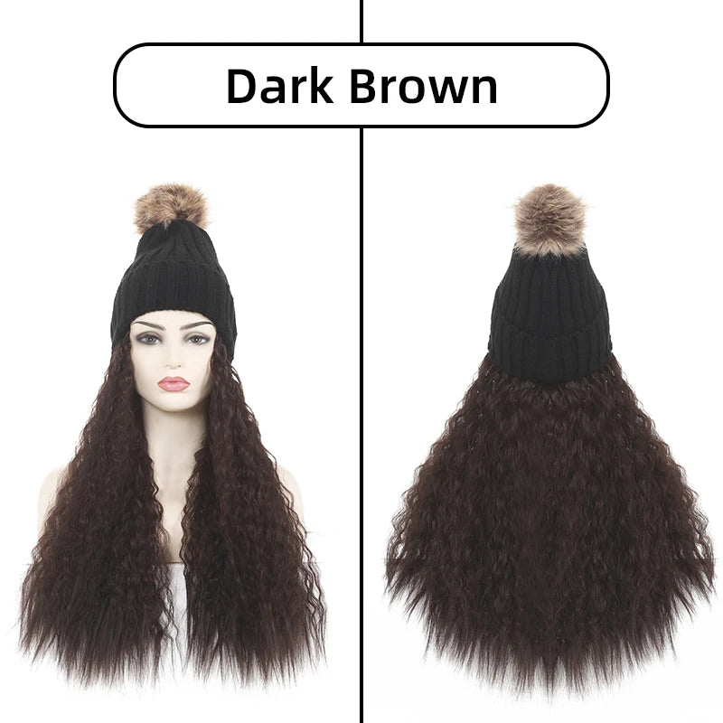 Fashion Warm Winter Beanie Kinky Curly Hair Wig Attached Hat Cap With Hair Natural Brown Long Synthetic Wig for Black Women