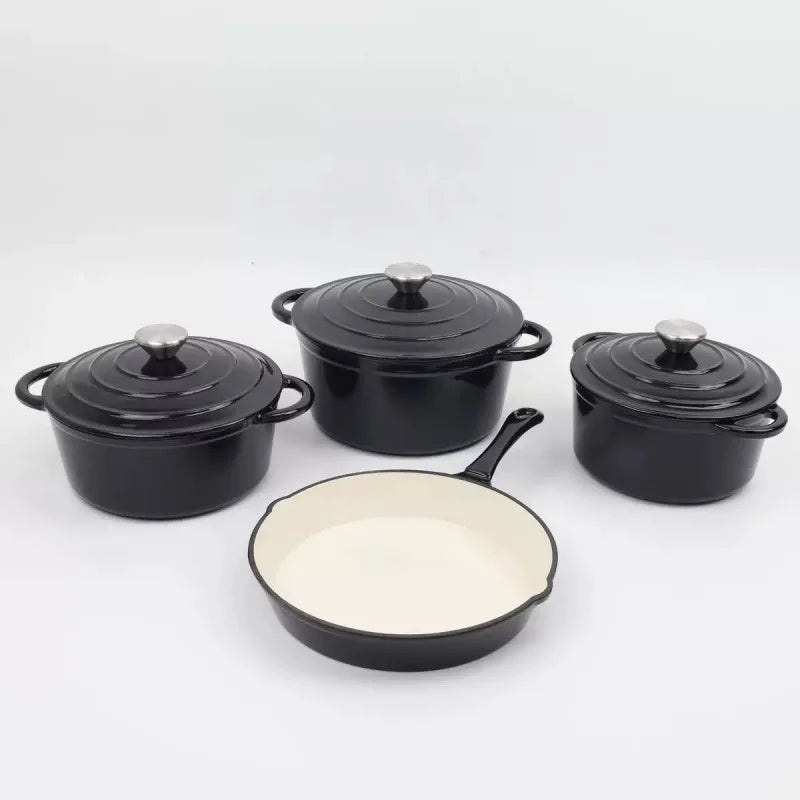 Modern Design 4-Piece Cast Iron Enamel Cookware Set Flat Frying Pan and Soup/Stew Pot Factory-Cast Metal Enamel Pot
