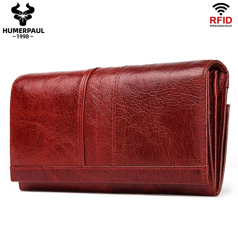 HUMERPAUL Fashion Women Wallet Genuine Leather Long Fashion Ladies Clutch Cell Phone Bags Muti-fuction RFID Card Holder Purse