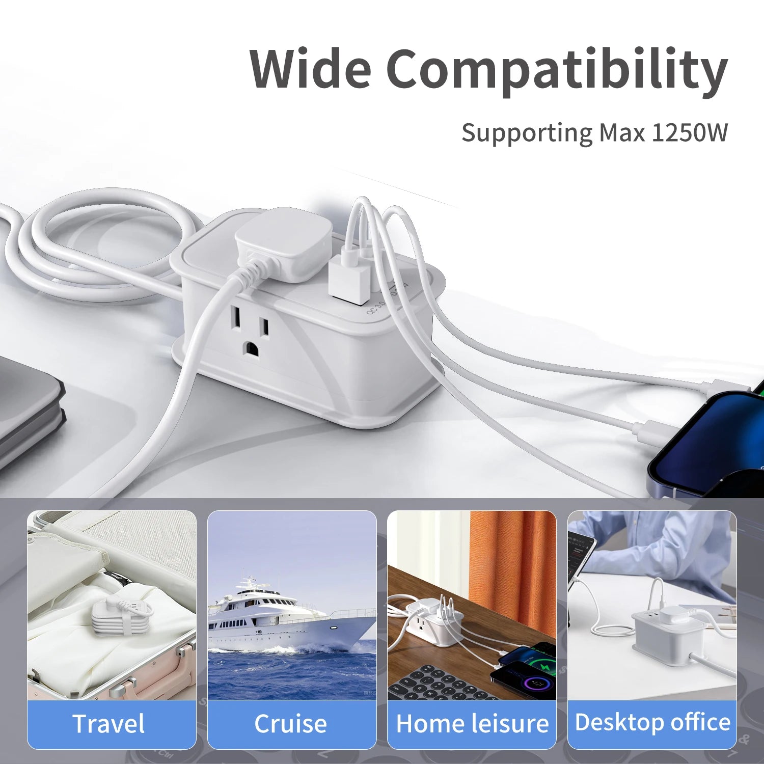 Hot Sale Electric PD 20W US 2 Outlets Flat Plug 1 USB Ports 2 Type-C OTP Protection Portable Tabletop Extension Power Strip
