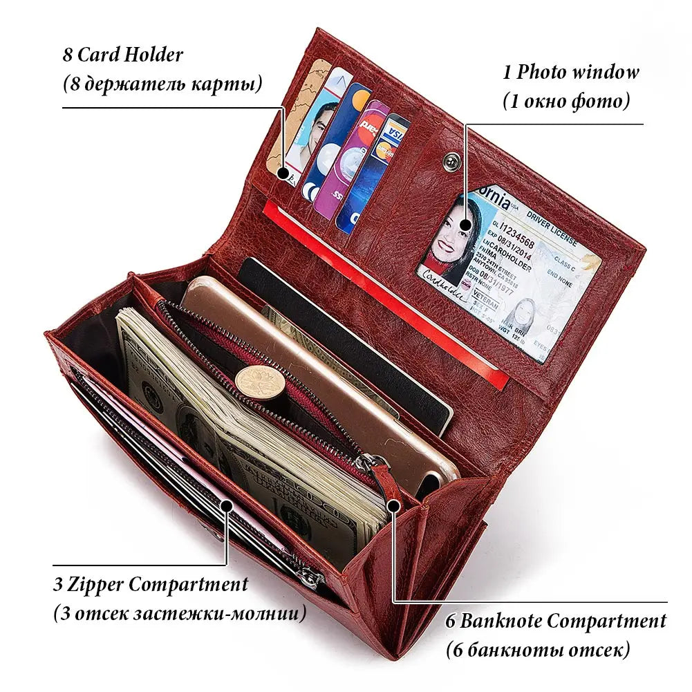 HUMERPAUL Fashion Women Wallet Genuine Leather Long Fashion Ladies Clutch Cell Phone Bags Muti-fuction RFID Card Holder Purse