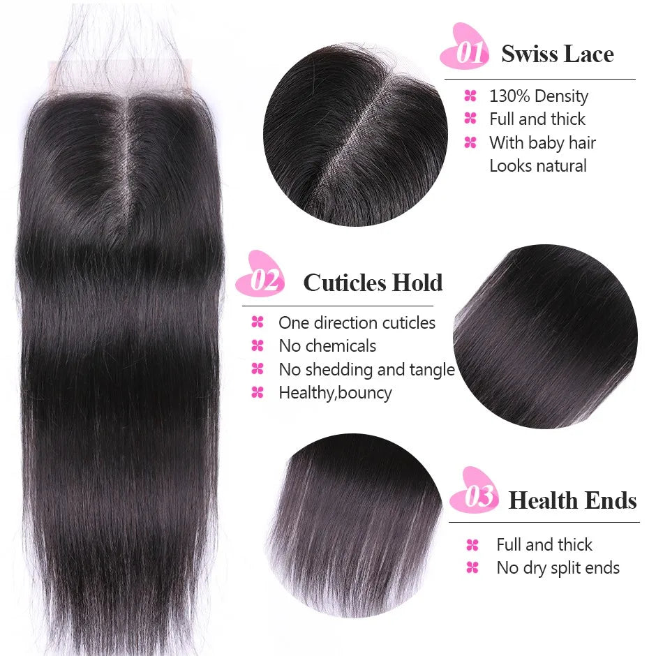 ISEE HAIR Peruvian Straight Hair Lace Closure HD 4"*4" Free Part 100% Remy Human Hair Medium Brown Lace Closure