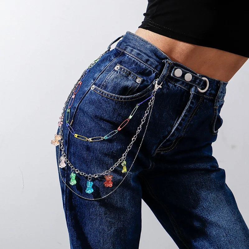Doulbe Layered Pink Color Strawberry Resin Chain Keychains Women Girls Hip Hop Waist Chain Pants Trousers Chain Bohemian Jewelry