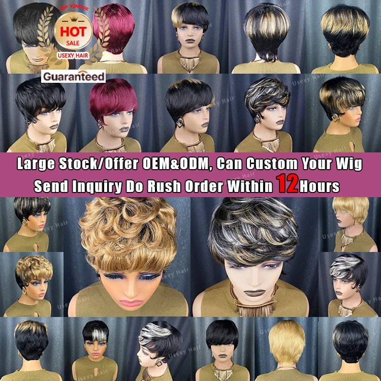 Pixie Cut Wig Red Colored Full Machine Made Perruque Cheveux Humain Short Bob Wig Cheap Glueless No Lace Remy Hair Wig for Women