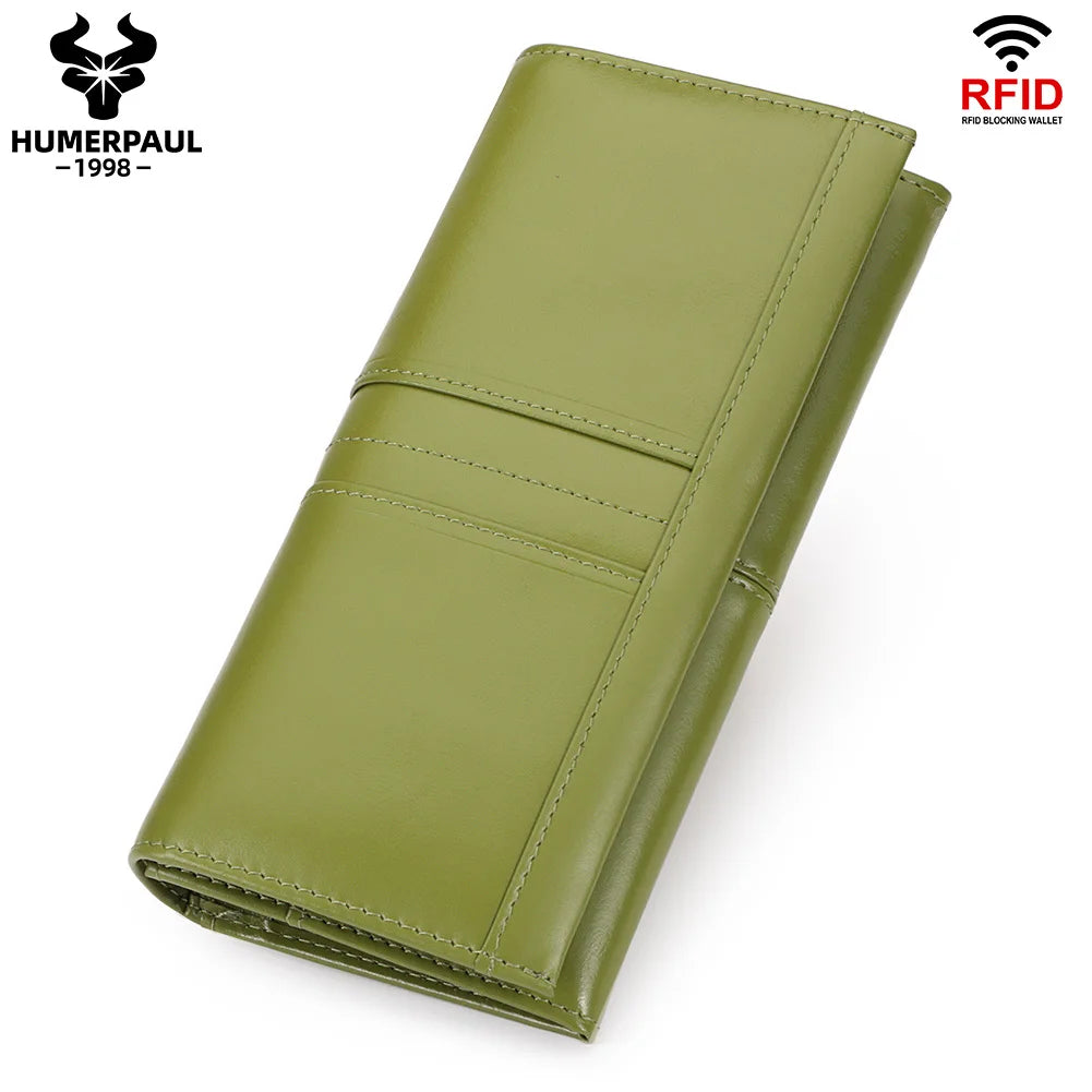 HUMERPAUL Fashion Women Wallet Genuine Leather Long Fashion Ladies Clutch Cell Phone Bags Muti-fuction RFID Card Holder Purse