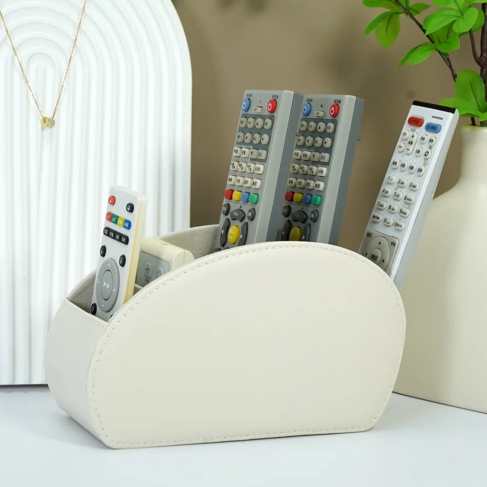 Faux Leather Remote Control Holder with 5 Compartments, Multifunctional Desktop Storage Box/Remote Organizer Caddy/Pen Case/Home