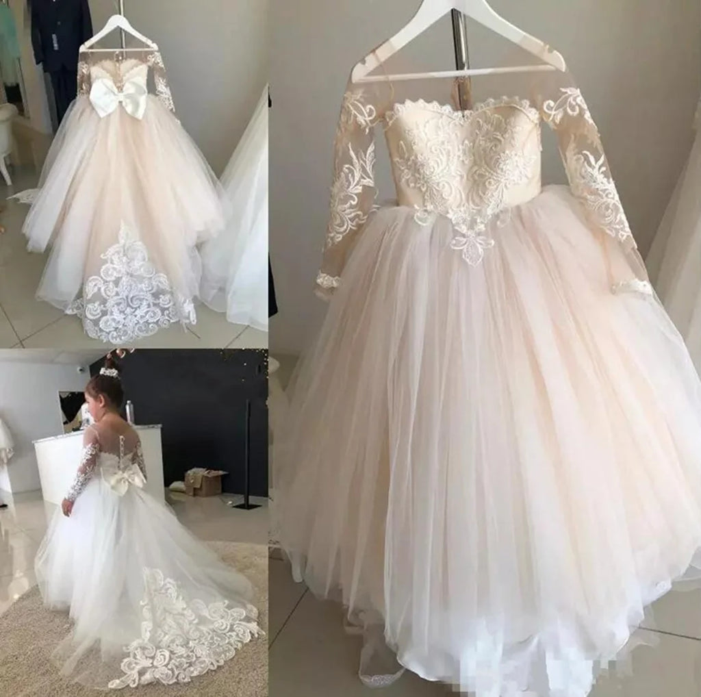 Morili Puffy Big Size Appliqued Lace Ball Gown Sheer Neck Long Sleeves Appliques Kids Wedding Flower Girl Dresses MFA295