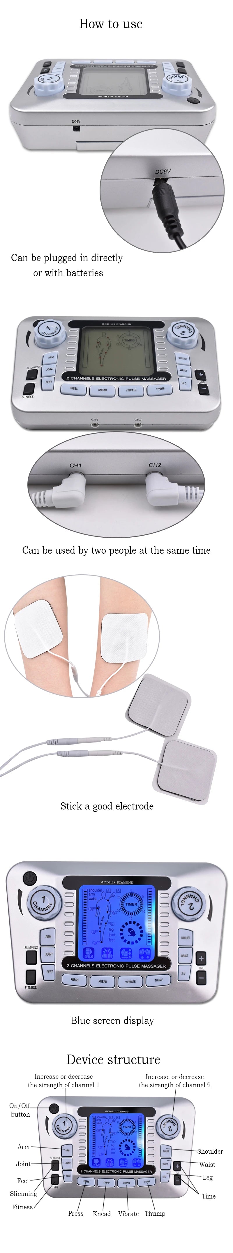 Tens Massager Ems Muscle Stimulator Acupuncture Electrical Pads Pulse Low Frequency Physiotherapy Slimming Machine Health Care