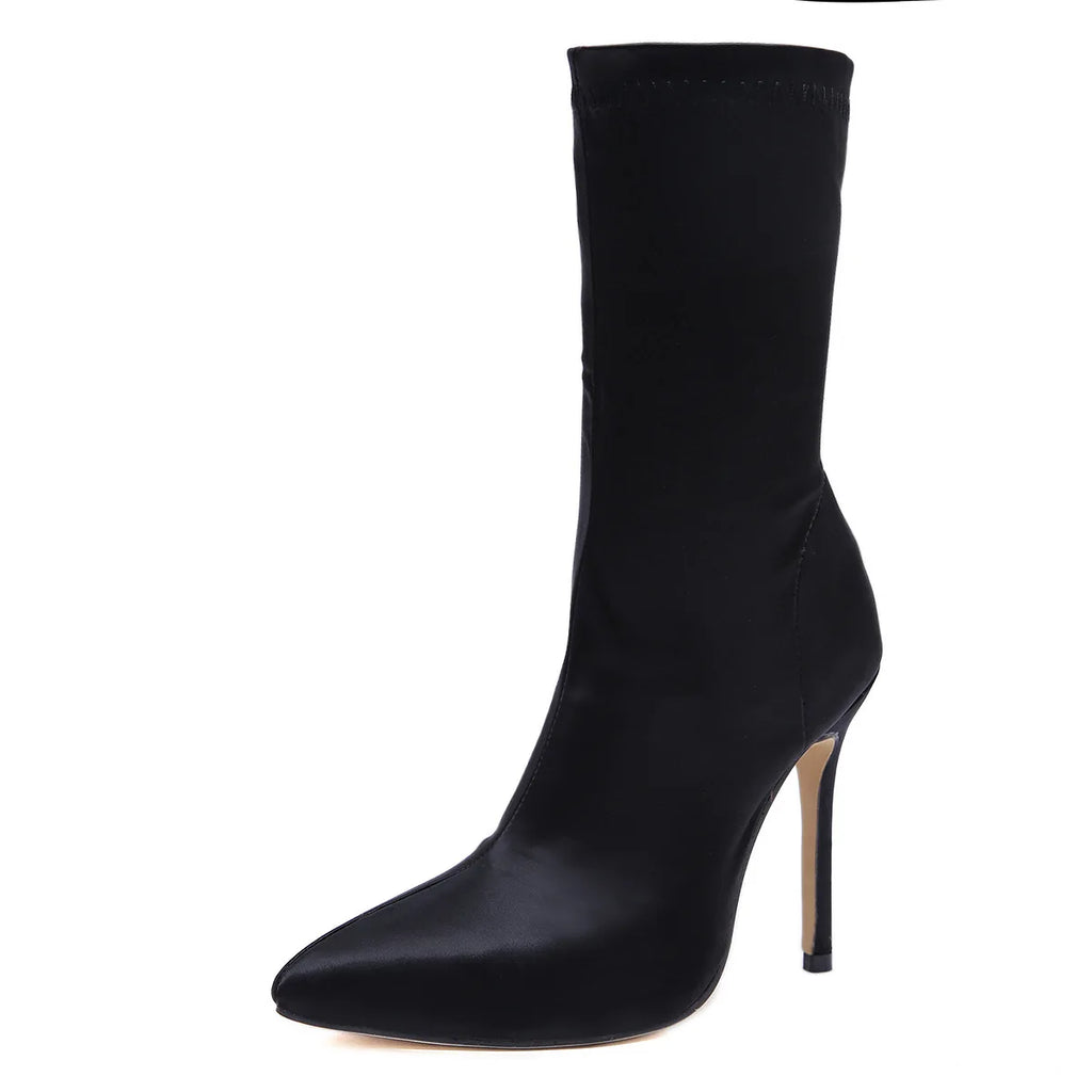 2021 Fall Woman Stretch Socks High-heeled Satin Boots Mid-tube Shoes Women Elegant Short Boots Women Shoes
