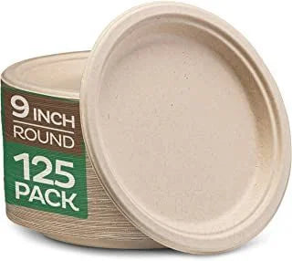 PFAS-Free 125-Pack 10 Inch 3C Heavy Duty Disposable Sugarcane Bagasse Paper Pulp Plate 100% Compostable Color Enamel Technique