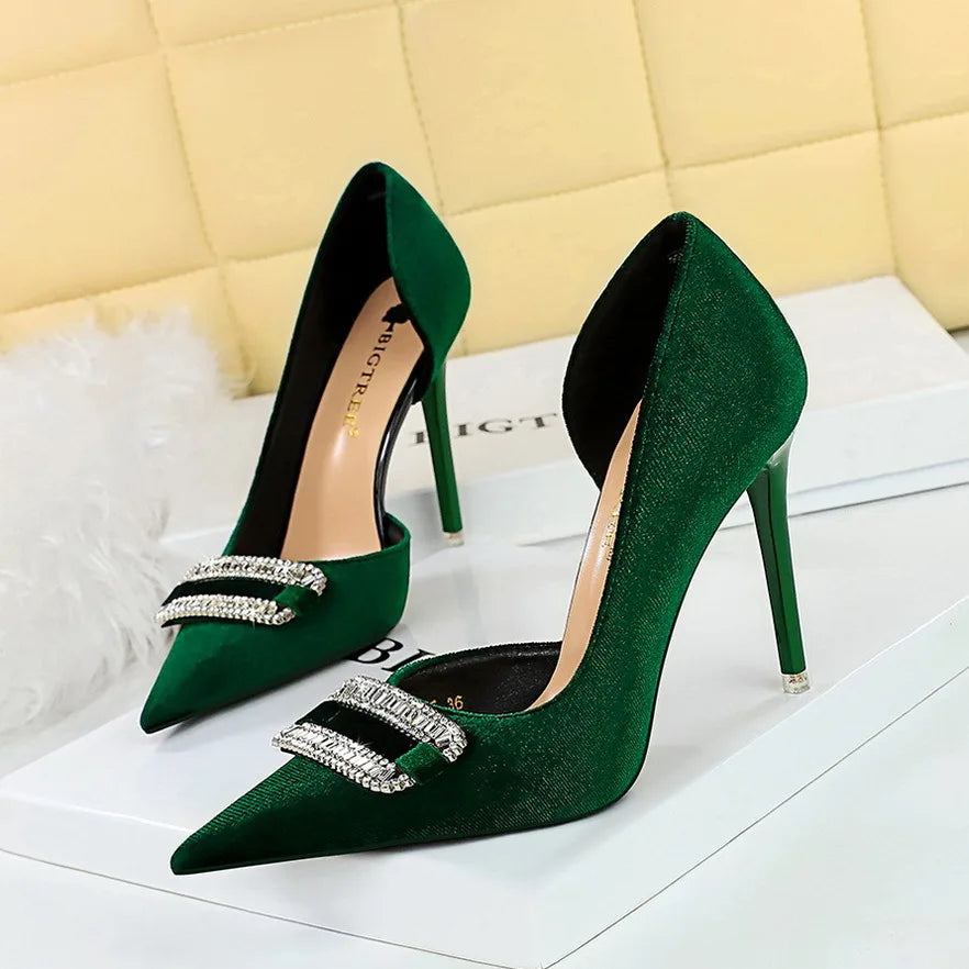 34-43 Elegant Banquet Thickened Suede Shallow Cut Pointed Side Hollow High Heels Rhinestone Buckle Super High Heels