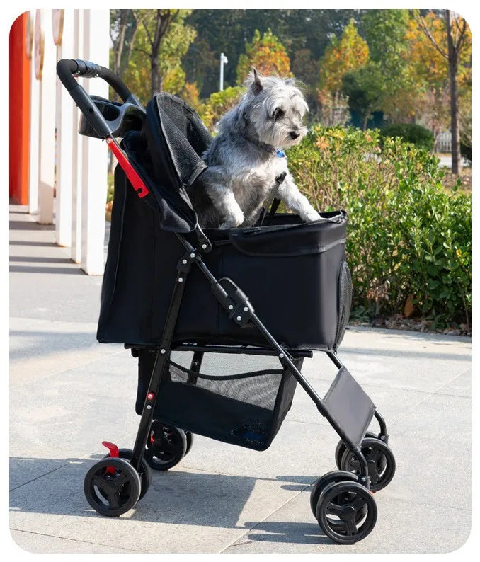 Pet Stroller, 4-Wheel Dog Pram for Small Medium Cats and Dogs with Storage Basket and Cup Holders for Outdoor Travel
