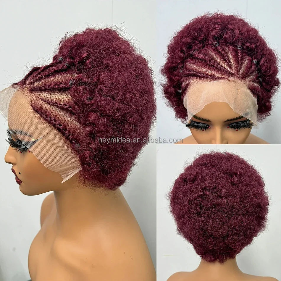 13x4 Lace Front Afro Short Curly Wig Human Hair Precolored Front Braided Afro Curly Human Hair Wig Brazilian Bouncy Curly Hair