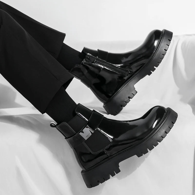 New Patent Leather Platform Men's Ankle Boots Plus Size Round Toe Men chelsea Boots Leather Boots Men
