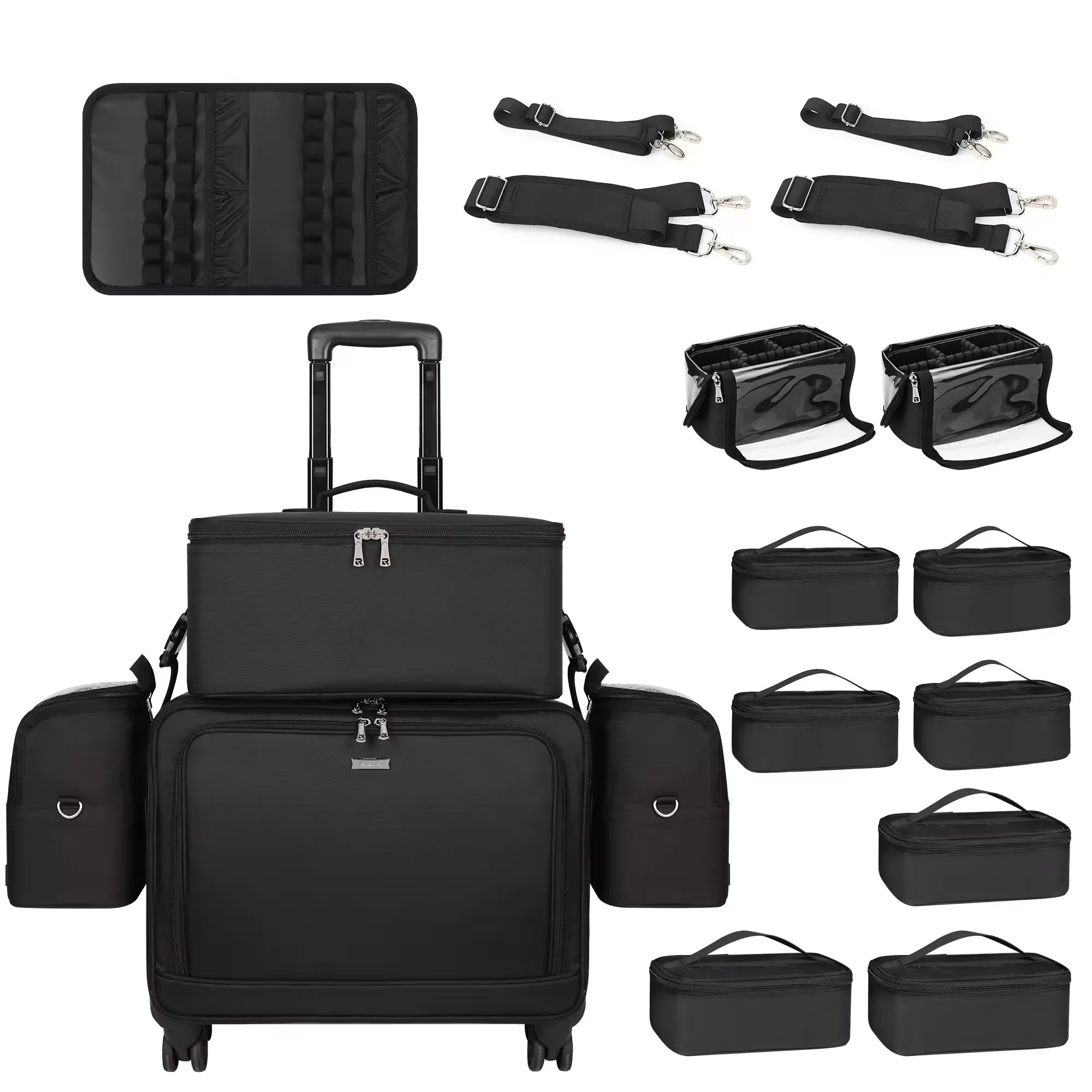 Relavel Professional 4 in 1 Black Canvas Rolling Artists Makeup Cases Travel Trolley Case with 7 Small Bags Cosmetic Cases