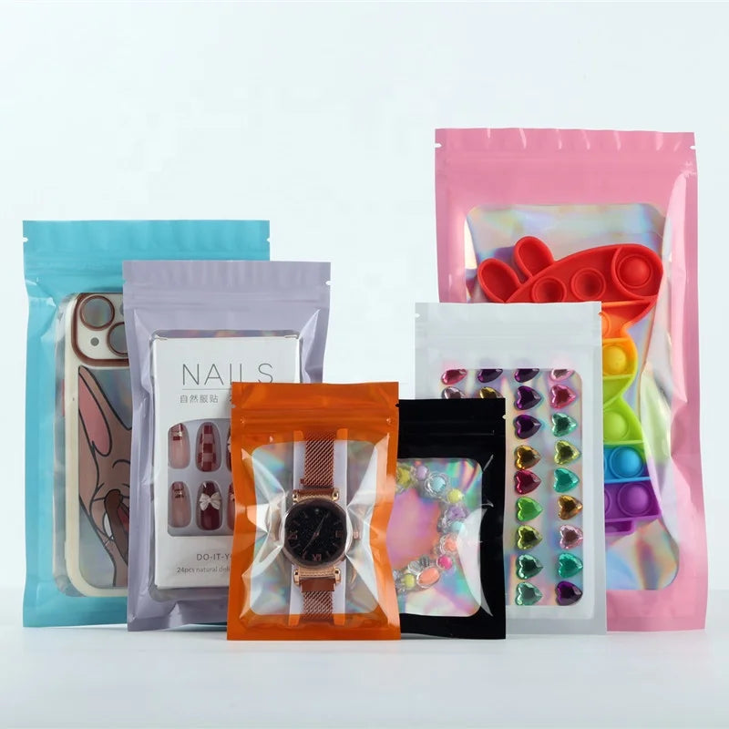 Wholesale Custom Logo Black Mylar Holographic Makeup Bags Clear Plastic Resealable Foil Packaging for Jewelry Pouches