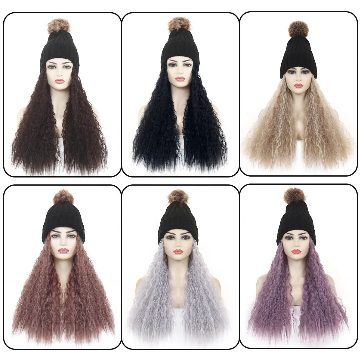 Fashion Warm Winter Beanie Kinky Curly Hair Wig Attached Hat Cap With Hair Natural Brown Long Synthetic Wig for Black Women