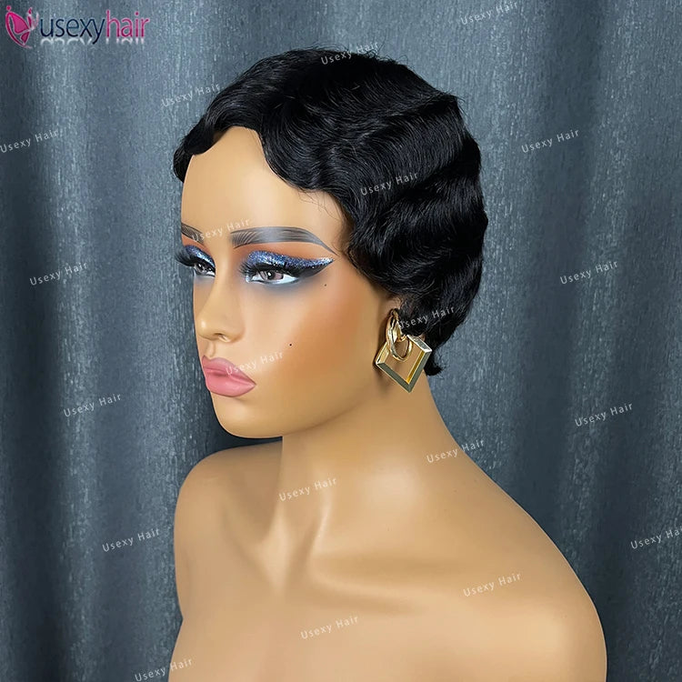 Factory Price Short Bob Pixie Cut Glueless Human Hair Wig None Lace Front Wig With Bangs Natural Black Full Machine Made Wigs
