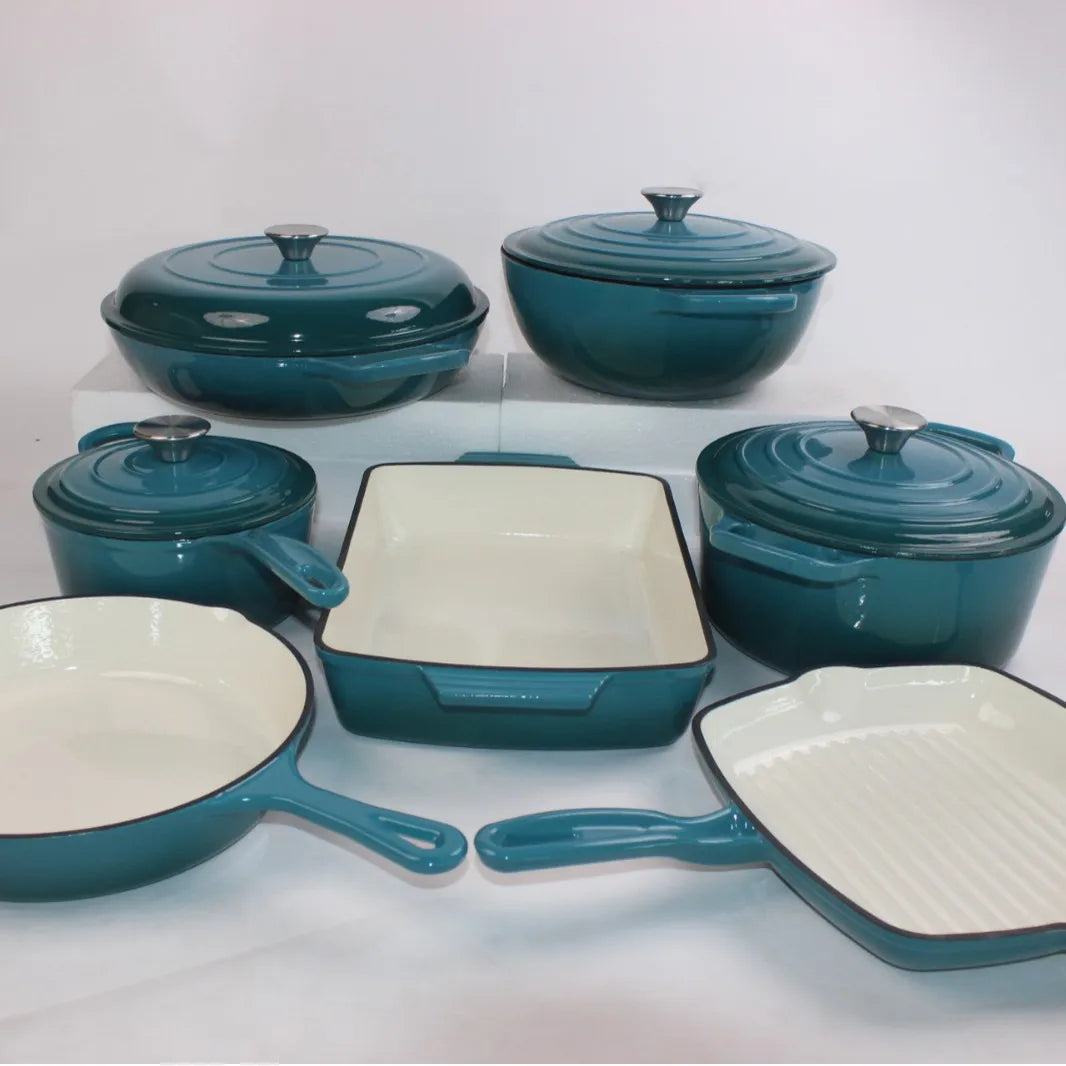 14-Piece Modern Design Cast Iron Enamel Pot Set for Kitchen Use Parties Includes Frying Pan Stew Pot Seafood Pot Food Storage