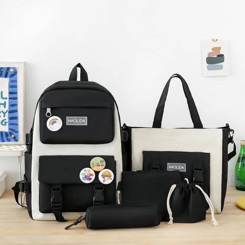 Five-Piece Schoolbag Student Korean Style Backpack Simple Cute Large-Capacity Backpack Wholesale 932