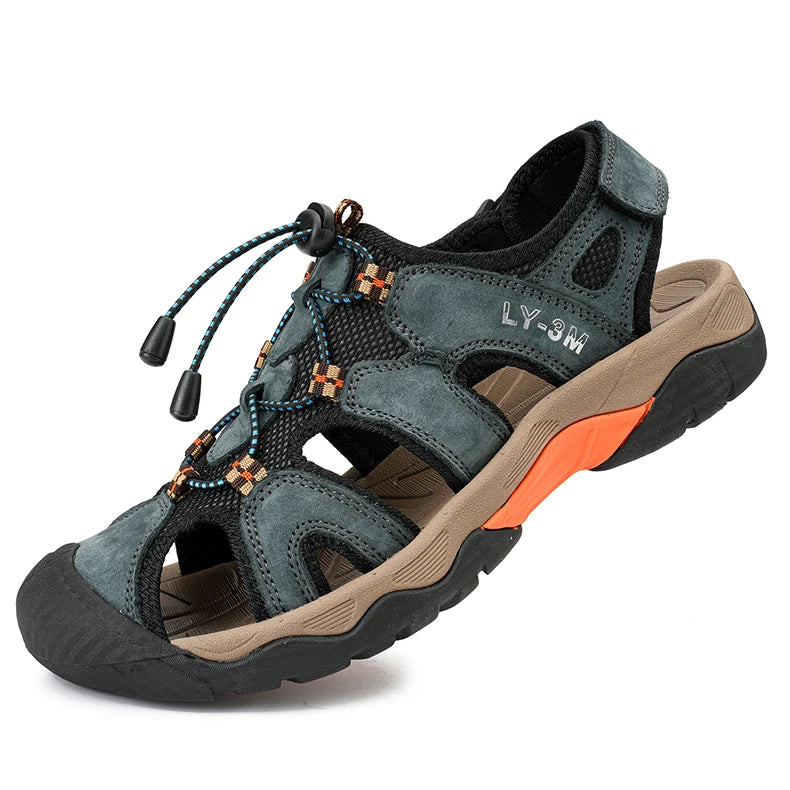 OEM Service Factory Supply Hand Made Anti Slip Comfortable Large Size Close Toe Summer Cow Genuine Leather Sandals for Men