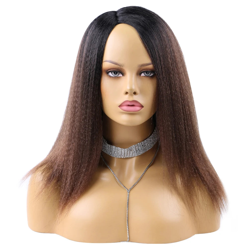 Wholesale 14 Inch Yaki Straight Afro Light Brown Lace Hair Wig Glueless Synthetic Middle Part Women  Machine-Made Long Wigs