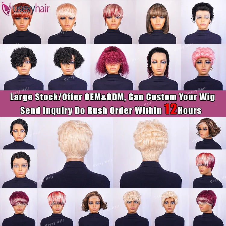 Factory Price Short Bob Pixie Cut Glueless Human Hair Wig None Lace Front Wig With Bangs Natural Black Full Machine Made Wigs