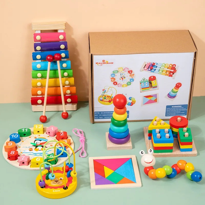 7 Pieces Montessori Collection Box Early Education Wooden Baby Intellectual Development Toys Music Funny Hand Knock Toy