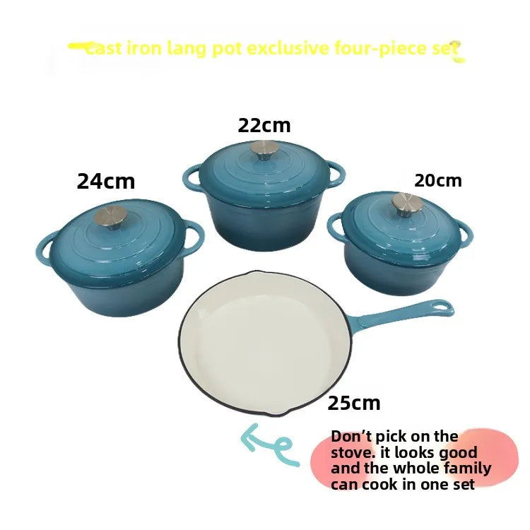 Modern Design 4-Piece Cast Iron Enamel Cookware Set Flat Frying Pan and Soup/Stew Pot Factory-Cast Metal Enamel Pot