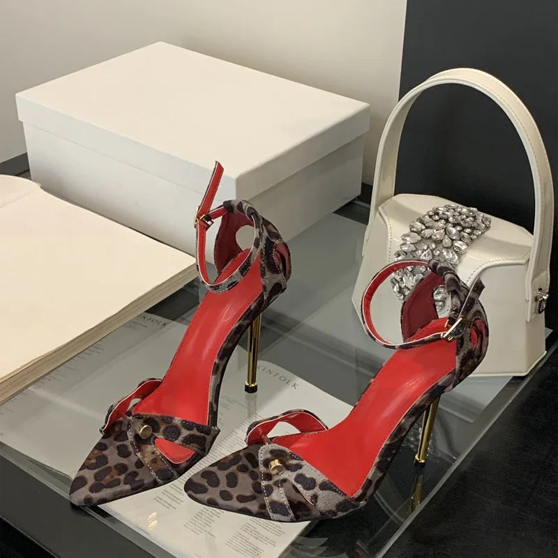 Leopard 11CM Metal Heel Sandals Pointed Toe Straight Strap Shoes Ladies Fashion Sexy Stiletto Ankle Buckles Heels