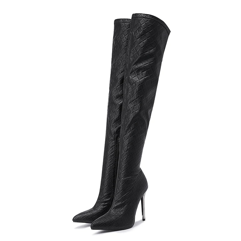 Plaid Femme Stivali Donna Chaussures Talon Bottes Fashion Ladies Spike Heels Black Women's Knee High Boots