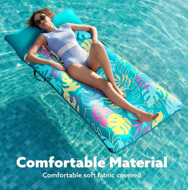 Inflatable Pool Floats Raft Fabric Covered Pool Mat Lounger for Adults Ultra Inflatable Water Float with Headrest for Beach Lake