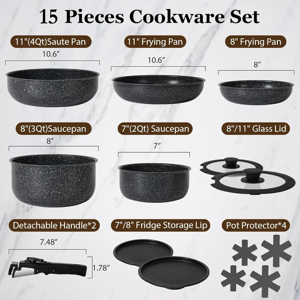 Hot Selling 15 Pcs Black Granite  Aluminum Cookware Set Detachable Handle Pans Pots Nonstick Coating