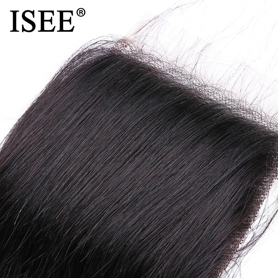 ISEE HAIR Peruvian Straight Hair Lace Closure HD 4"*4" Free Part 100% Remy Human Hair Medium Brown Lace Closure