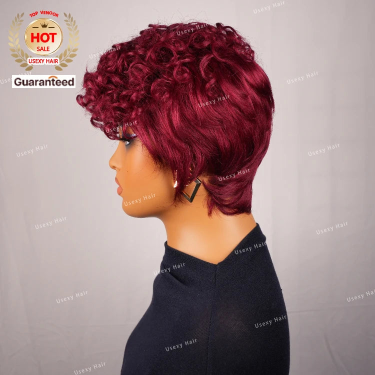 Burgundy Pixie Cut Wig Glueless Full Machine Made Human Hair Wig With Bangs 99J Colored Layered Wavy Different Style Short Wig