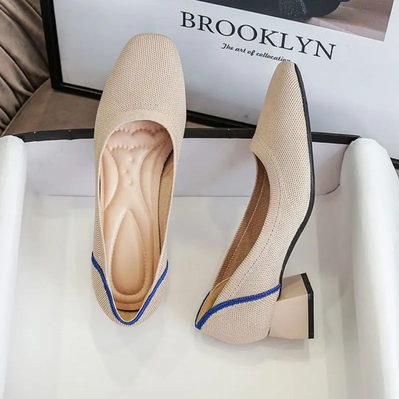 Knitted Fabric Comfortable Office Wear Formal Shoes Slippers Low Block Heels for Women