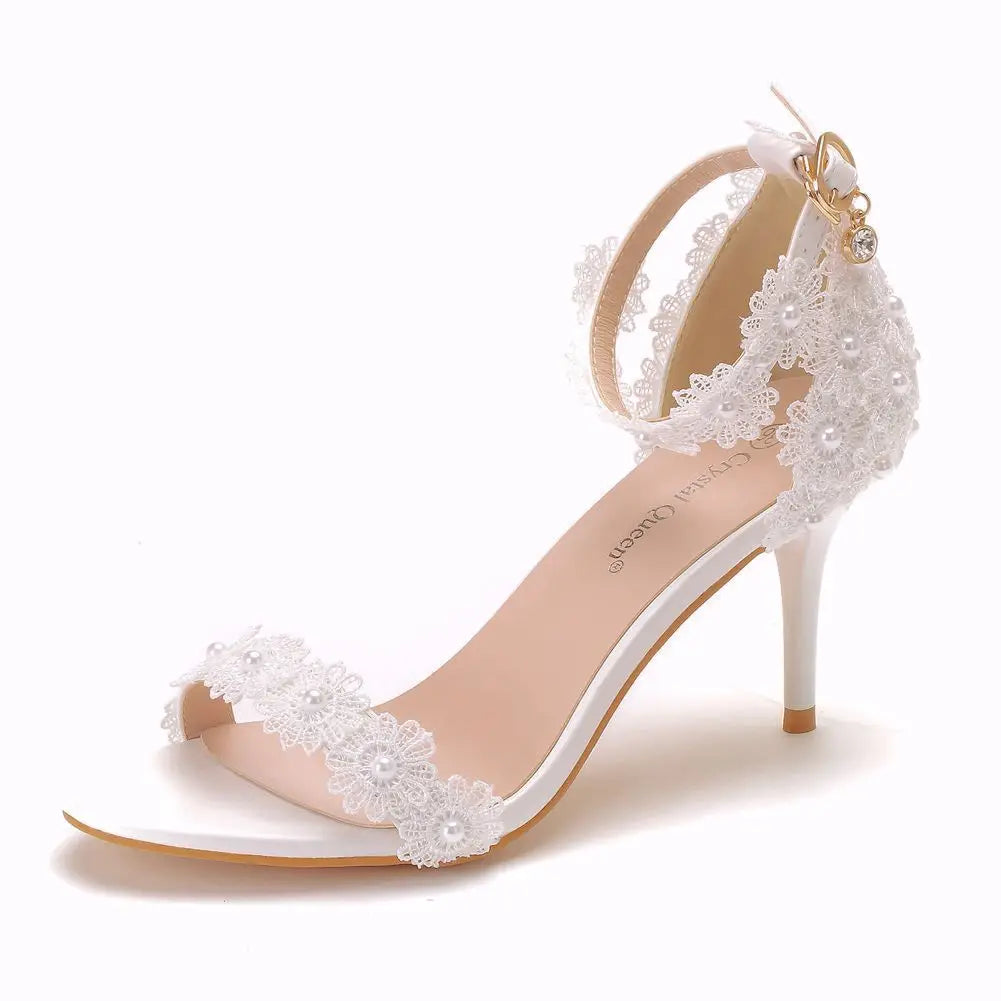 New Shoes for Women Lace Wedding Shoes a Word with Thin Heel Sandals Fine with Beads Elegant Princess Sandal