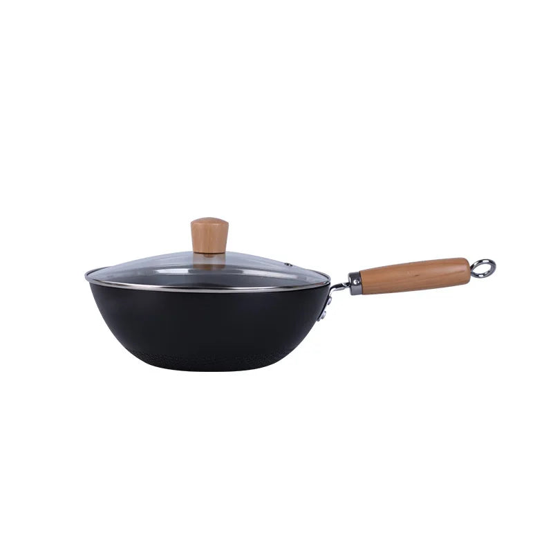 Extra Thick Nitrided Cast Iron Frying Pan Wood Grain Handle Tempered Glass Lid Non-Coated Non-Stick Surface CE Certified