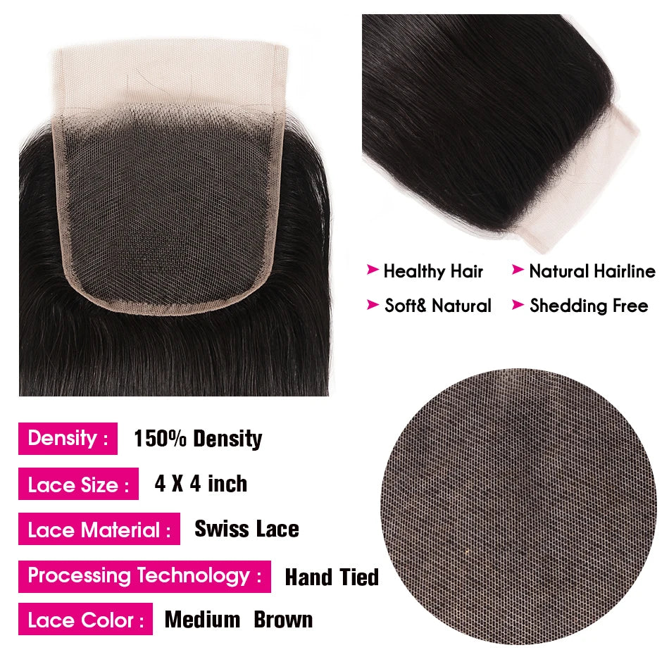 Unice Hair Malaysian Straight Hair Lace Closure 4X4 Free Part Remy Human Hair Closure Swiss Lace 1 PCS 150% Density