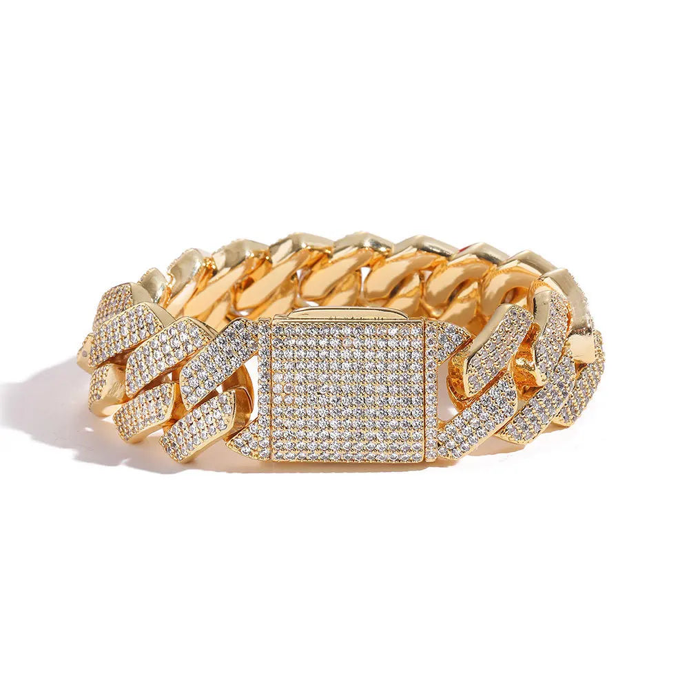 Men's Luxury 18K Gold Plated Cuban Bracelet Hip Hop Bling Style Diamond CZ Iced 20mm Geometric Zircon Main Stone Rhodium Plated