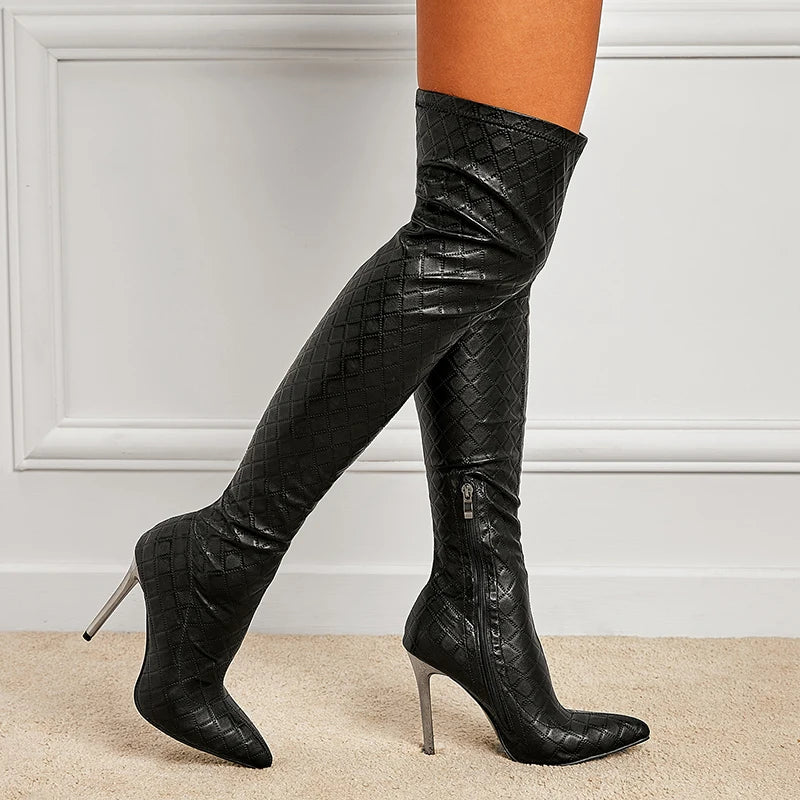 Plaid Femme Stivali Donna Chaussures Talon Bottes Fashion Ladies Spike Heels Black Women's Knee High Boots