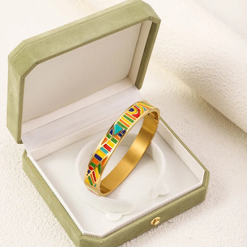 Vintage French Fashion Women's Enameled Pattern Bracelet 18k Gold Plated Stainless Steel Bracelet Jewelry