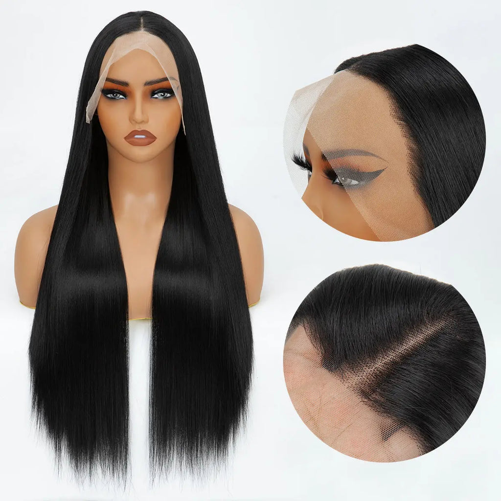 FX-HA07 Premium Blend Hair Wig Long Straight Black High Quality HD Invisible Transparent 13*4 Lace Frontal Wig Lace Front Wigs