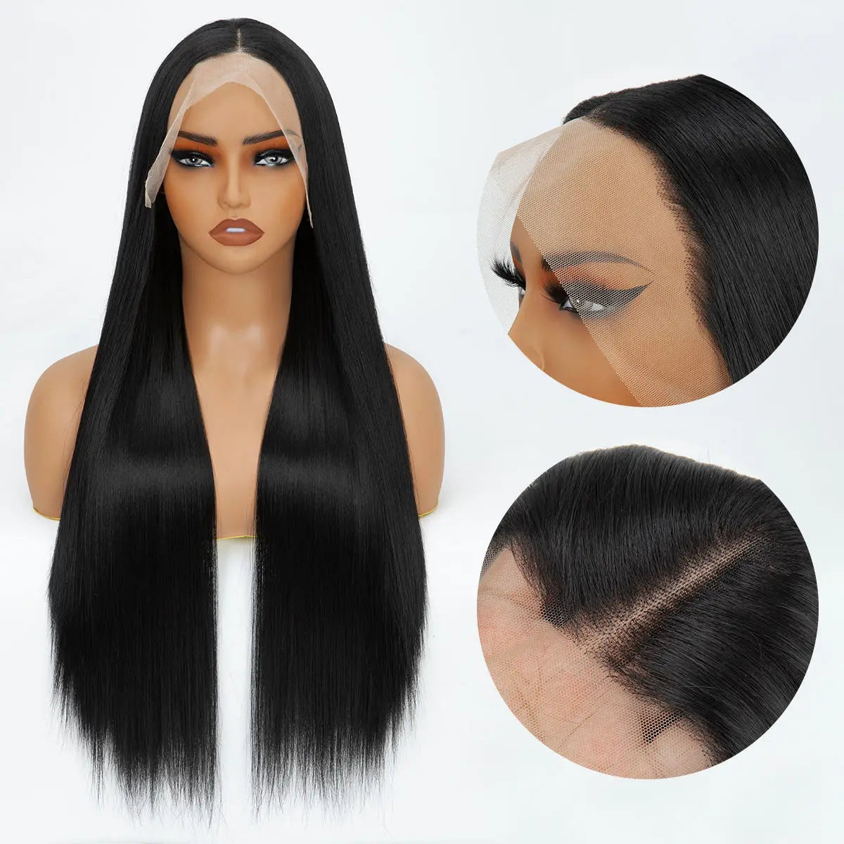 FX-HA07 Premium Blend Hair Wig Long Straight Black High Quality HD Invisible Transparent 13*4 Lace Frontal Wig Lace Front Wigs