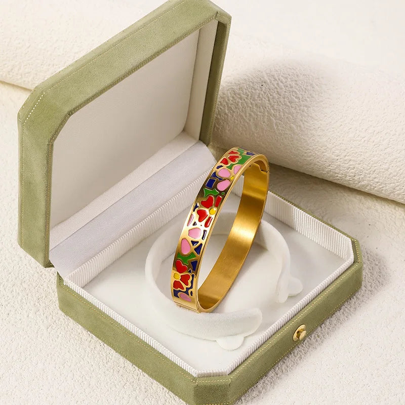 Vintage French Fashion Women's Enameled Pattern Bracelet 18k Gold Plated Stainless Steel Bracelet Jewelry